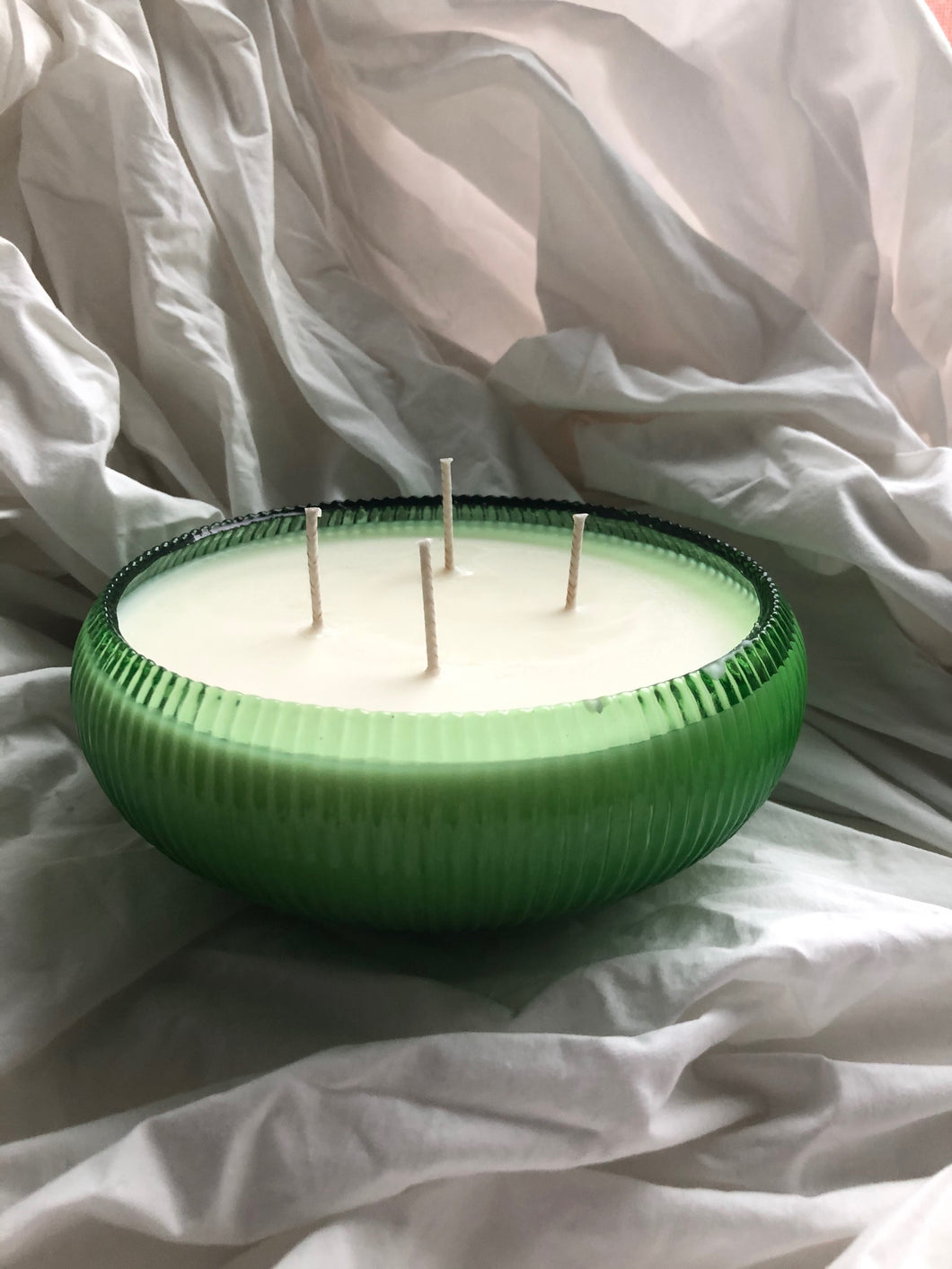 ribbed green glass bowl